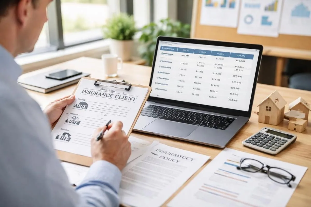 Person reviewing home insurance risk documents at a desk with a laptop